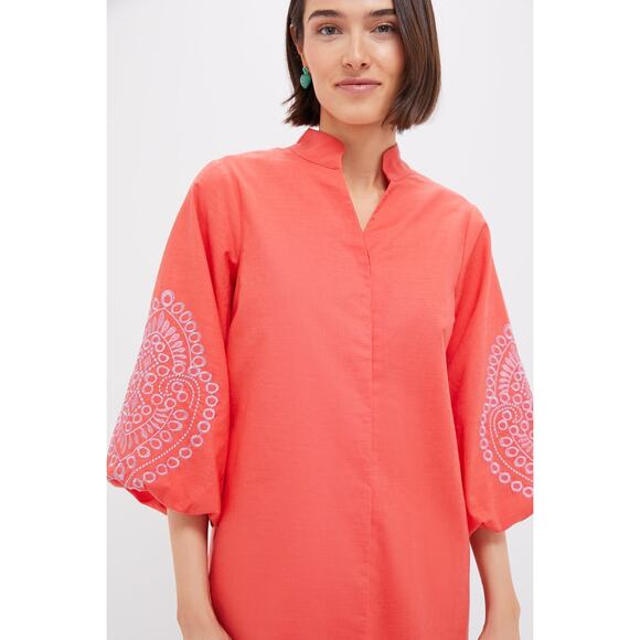 HYACINTH HOUSE Coral with Lavender Embroidery Mini Wisteria Caftan Size XS NWT - Picture 4 of 7